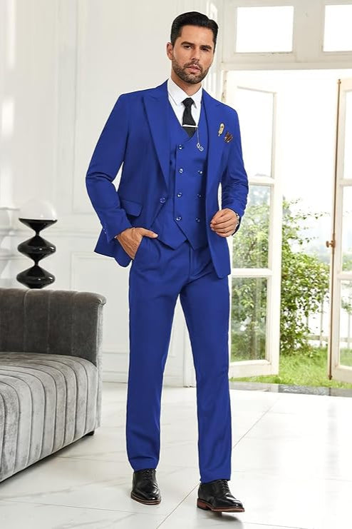Elegant royal blue formal suit set for men – blazer, vest, pants for prom or wedding