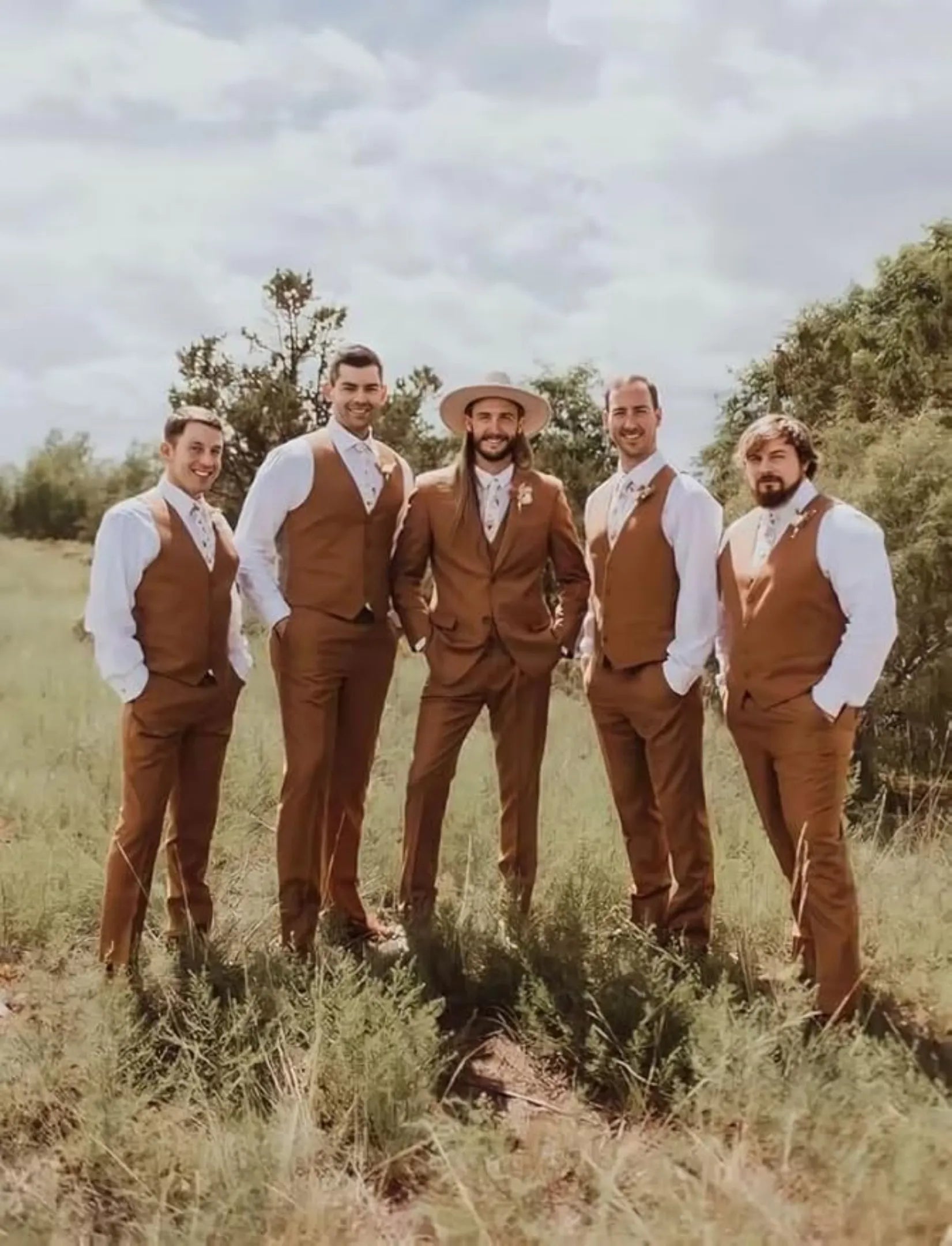 rust brown 3 piece groomsmen suits with vest, styled for outdoor rustic wedding ceremony