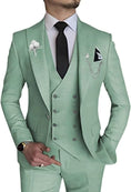 Load image into Gallery viewer, front view of men's sage green double-breasted 3-piece suit – includes slim-fit blazer, vest, trousers, black tie and pocket square
