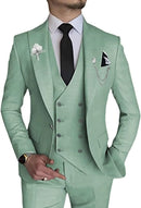 front view of men's sage green double-breasted 3-piece suit – includes slim-fit blazer, vest, trousers, black tie and pocket square