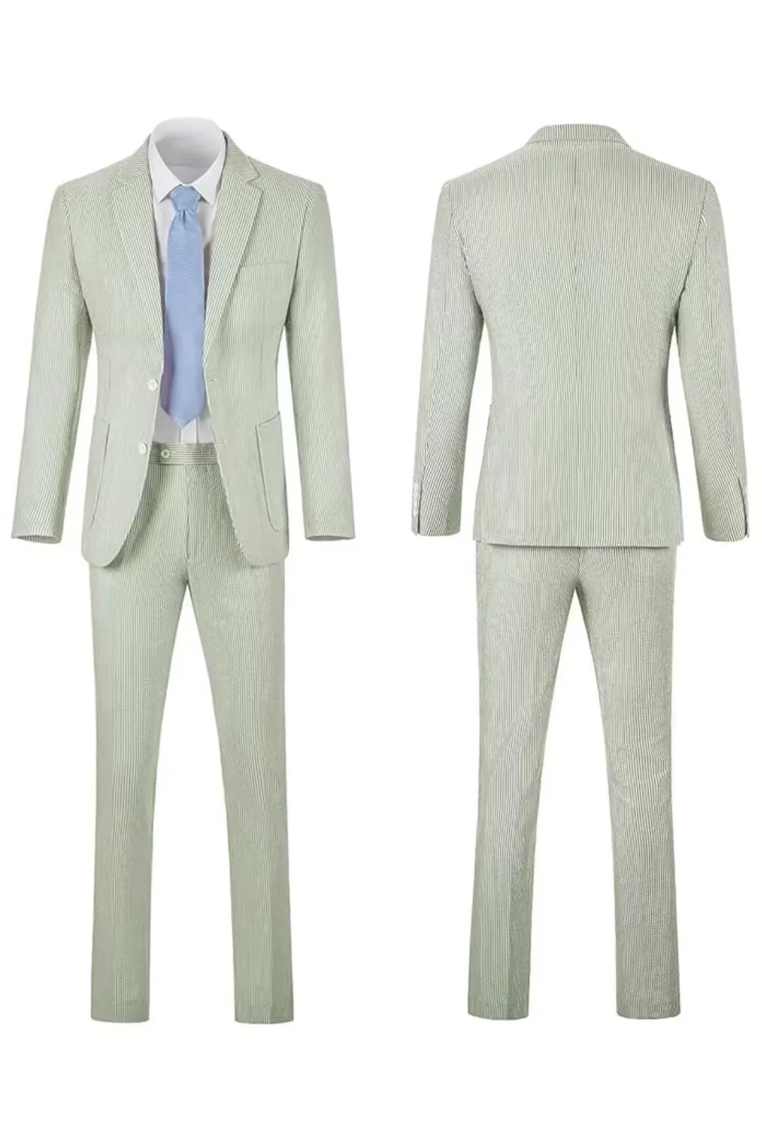Full front and back view of men's sage green-and-white striped seersucker blazer set.