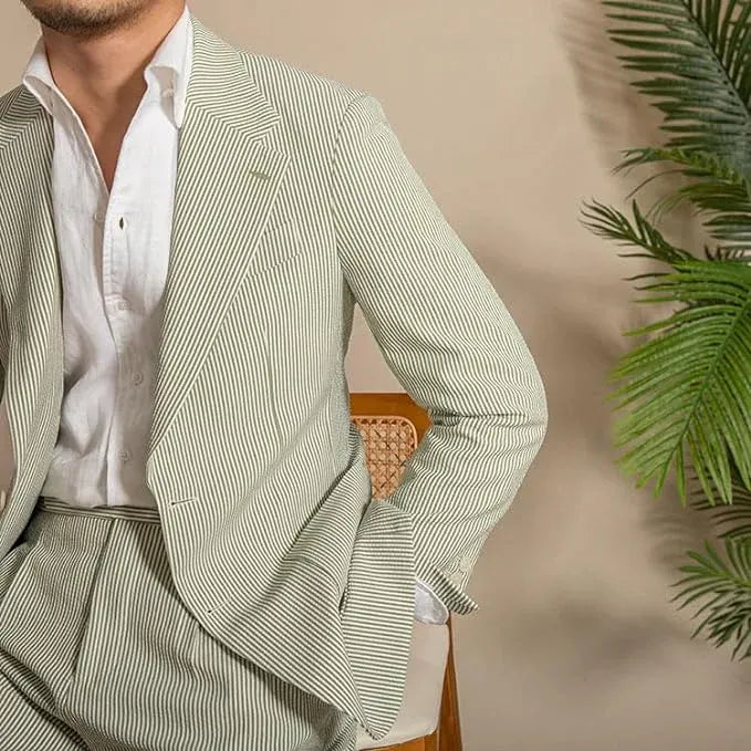 sage green seersucker shorts suit with blazer for men – cool and stylish seasonal outfit