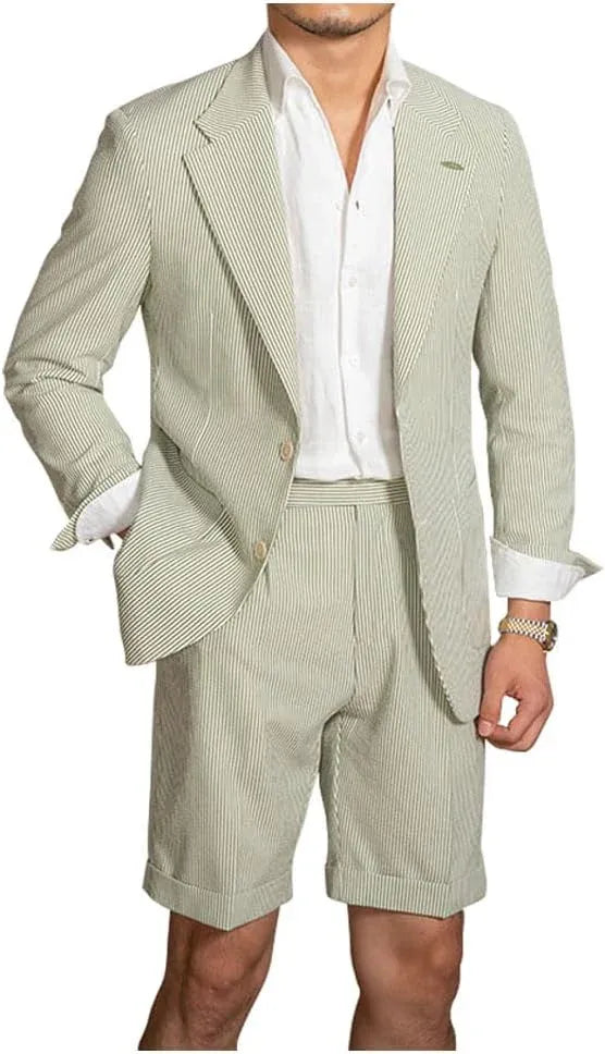 sage green men's 2 piece seersucker suit set – breathable summer outfit with striped fabric