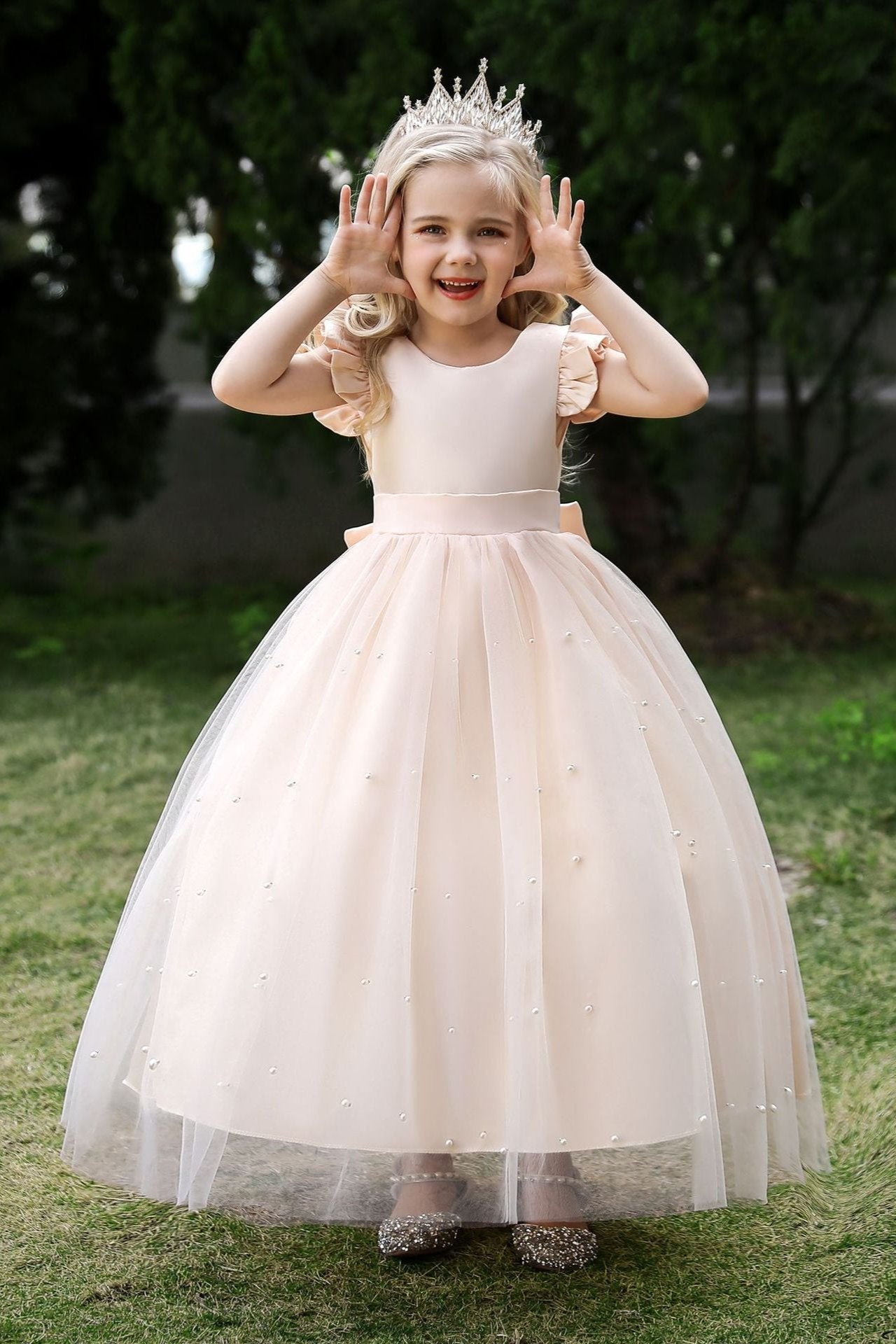 Wehilion satin flower girl dress in Champagne with puff sleeves and tulle skirt for special occasions