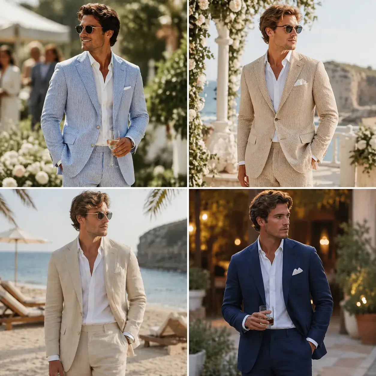 Best colors for men's seersucker and linen suits, including blue, tan, beige and navy summer styles
