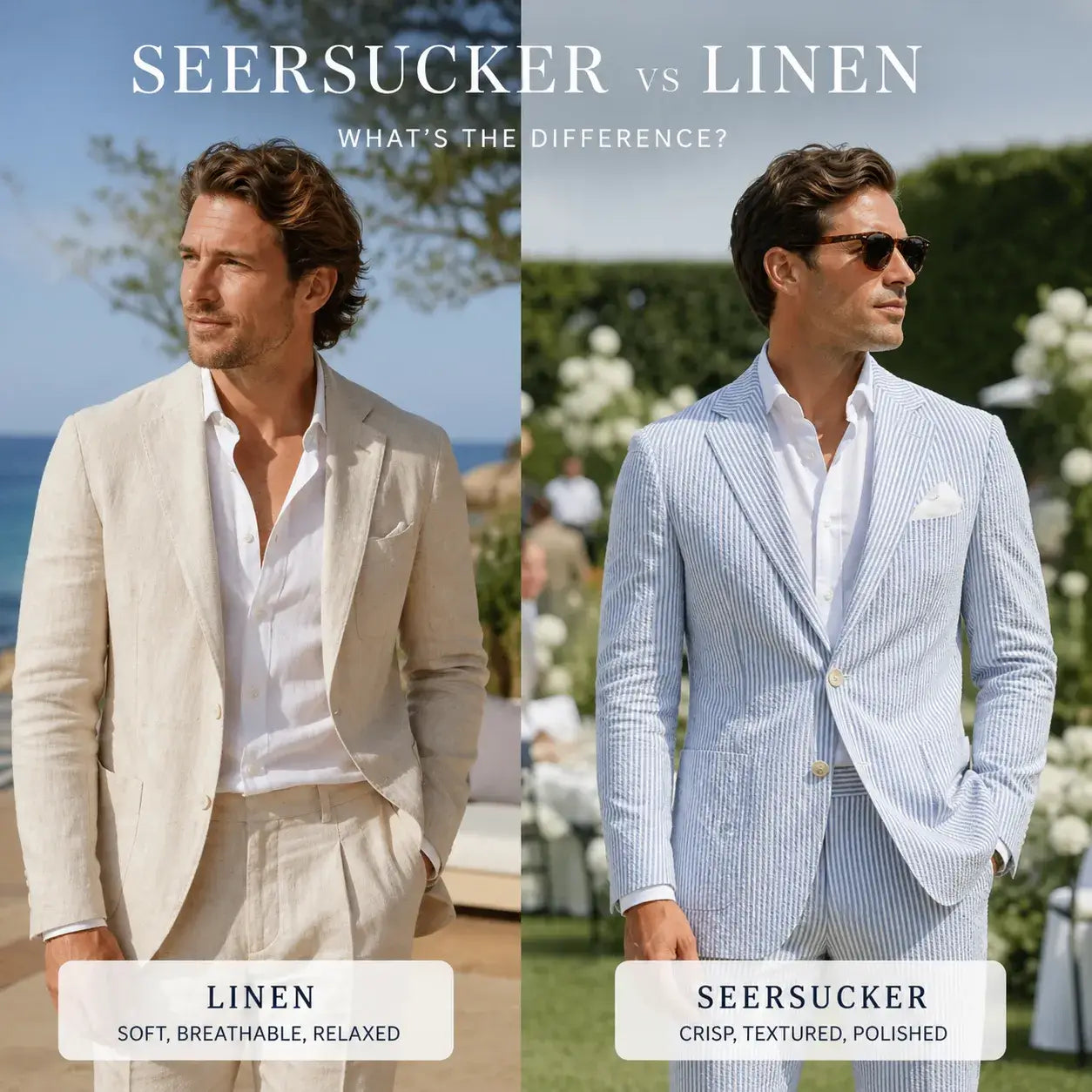Seersucker suit vs linen suit comparison showing texture, wrinkle resistance and summer wedding style.