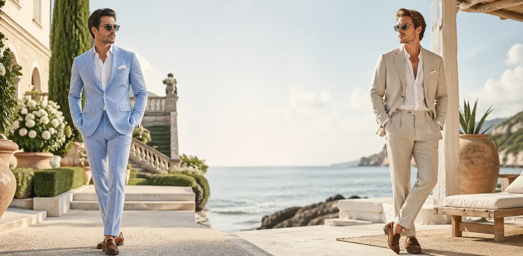 Seersucker suit vs linen suit comparison for men's summer style, featuring a blue seersucker suit and beige linen suit by the coast.