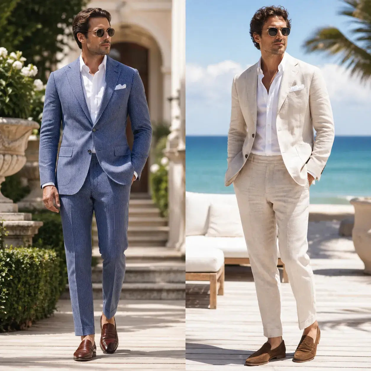 Seersucker suit vs linen suit comparison showing a more formal blue seersucker look and a more relaxed beige linen look for summer events.