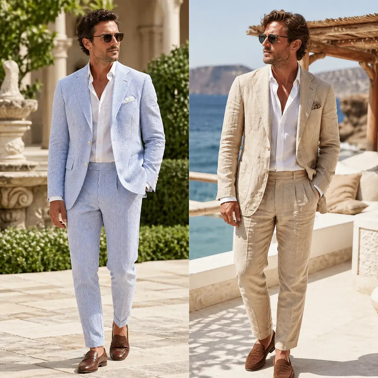 Seersucker vs linen suit comparison showing wrinkle resistance, with a crisp blue seersucker suit and a more wrinkled beige linen suit for summer style.