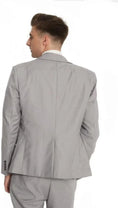 Load image into Gallery viewer, back view of men's silver grey 3-piece formal suit – tailored double-breasted style with fitted blazer and trousers
