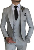 Load image into Gallery viewer, front view of men's silver grey double-breasted 3-piece suit with one-button blazer, vest, and trousers – formal attire for weddings or parties
