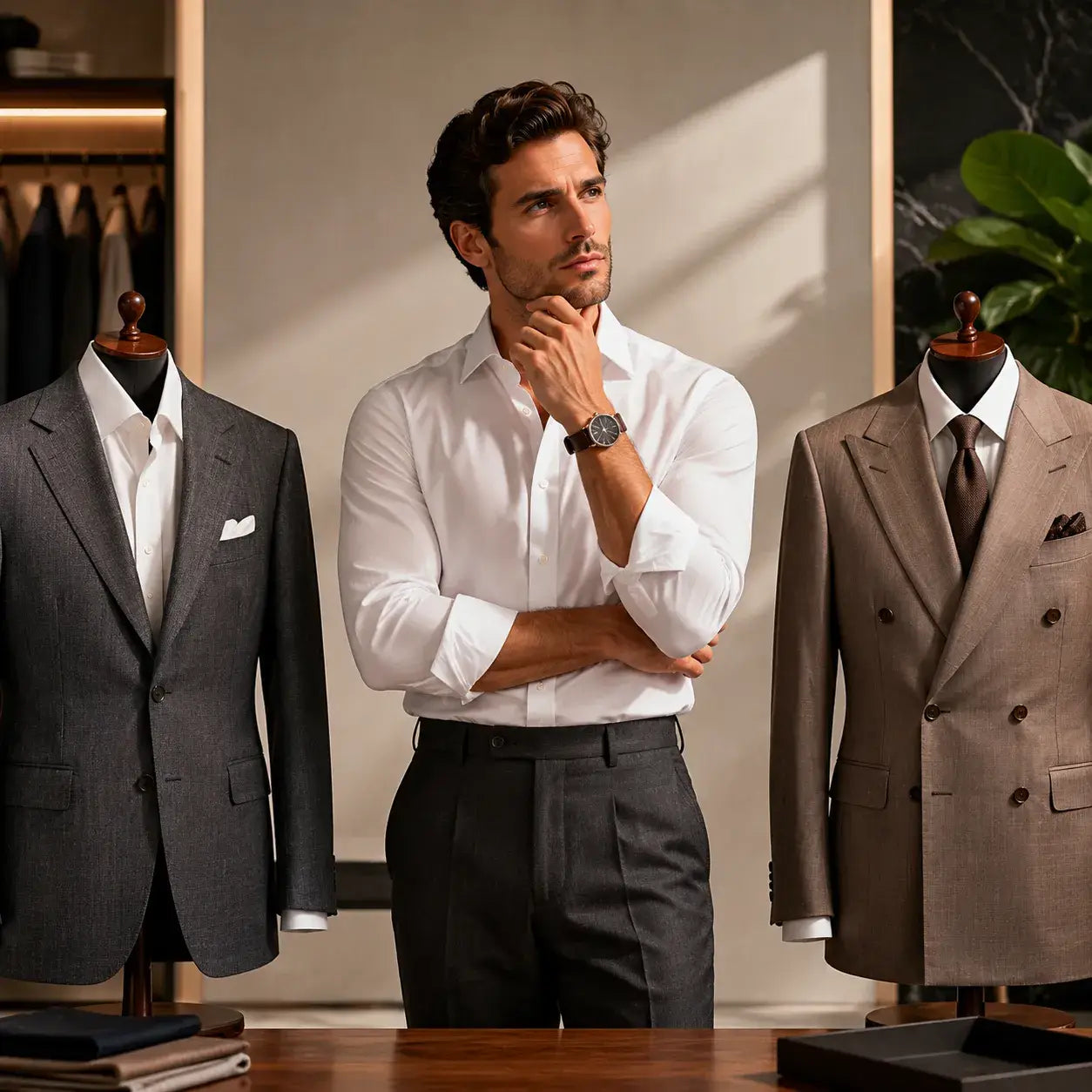 Editorial-style display comparing a single-breasted suit on the left and a double-breasted suit on the right, in a minimalist neutral-toned studio with soft directional lighting, highlighting differences in formality and style.