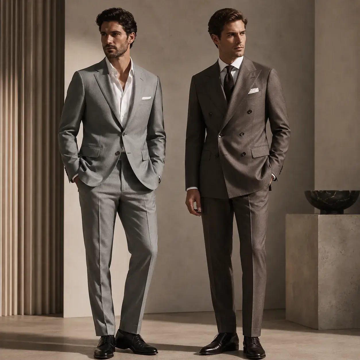 Two men side by side in a minimalist studio, left wearing a single-breasted suit, right wearing a double-breasted suit, highlighting contrast and elegance.
