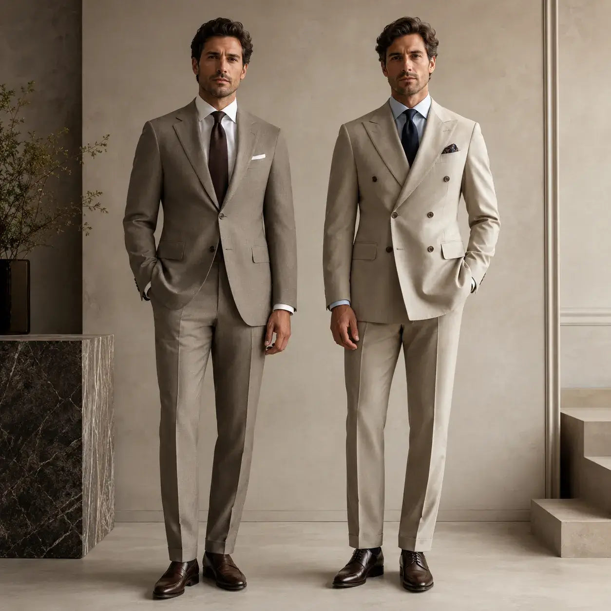 Single breasted vs double breasted suit comparison with two men in tailored neutral suits, showing differences in button style and jacket structure.