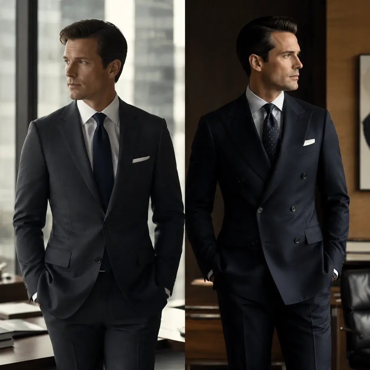 Editorial-style business fashion display featuring a single-breasted suit on the left and a double-breasted suit on the right, set in a minimalist office environment highlighting sharp tailoring and fabric quality.