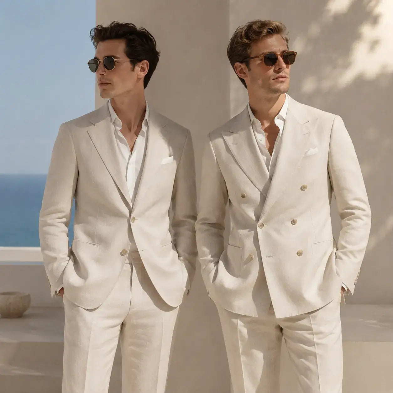 Editorial-style summer suiting comparison featuring a single-breasted suit on the left and a double-breasted suit on the right, crafted from lightweight fabrics in a bright, minimalist setting.