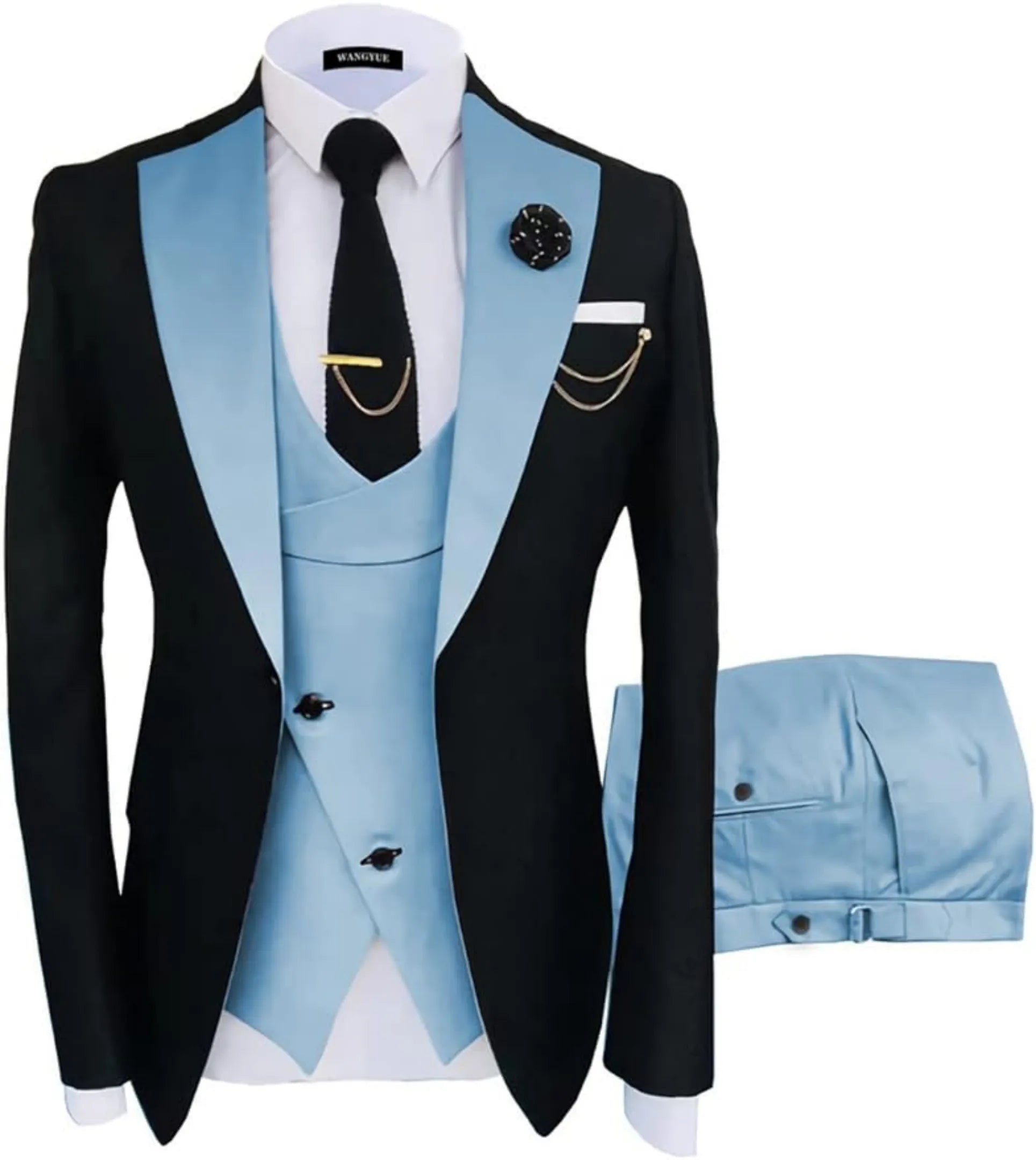 sky blue and black 3 piece men's suit: black blazer with sky blue satin lapel, cross blue vest, gold chain, lapel pin and white pocket square