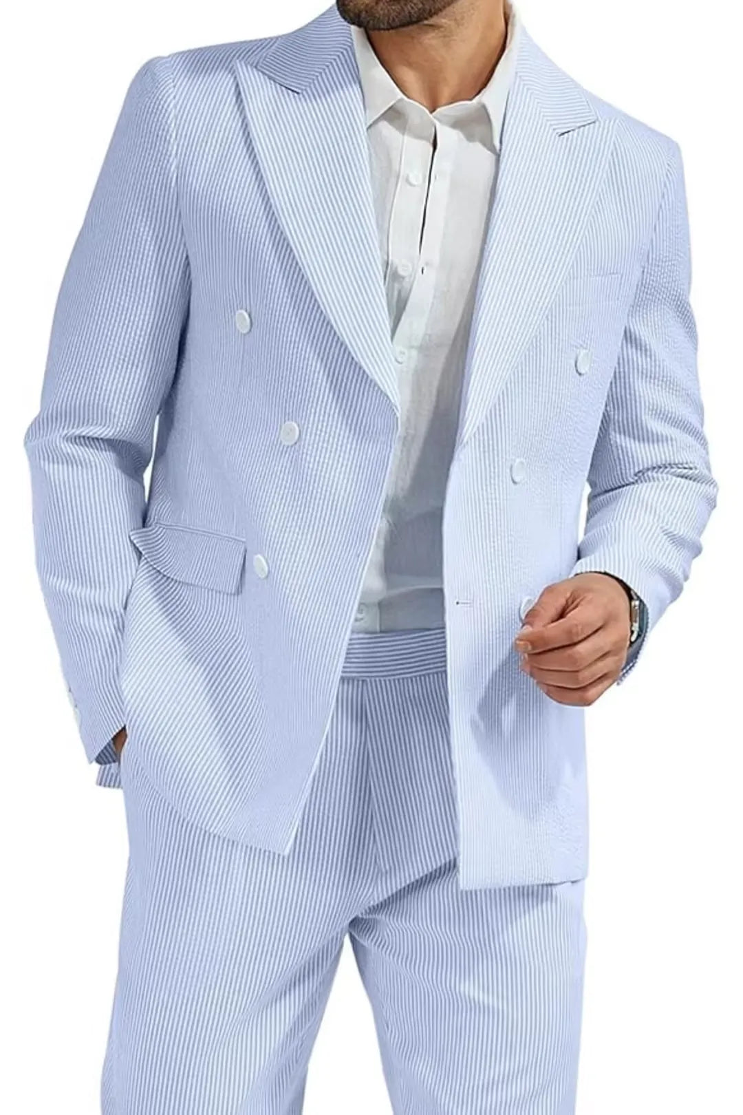 close-up view of men's sky blue double-breasted seersucker blazer, showcasing fine striped texture and white buttons.
