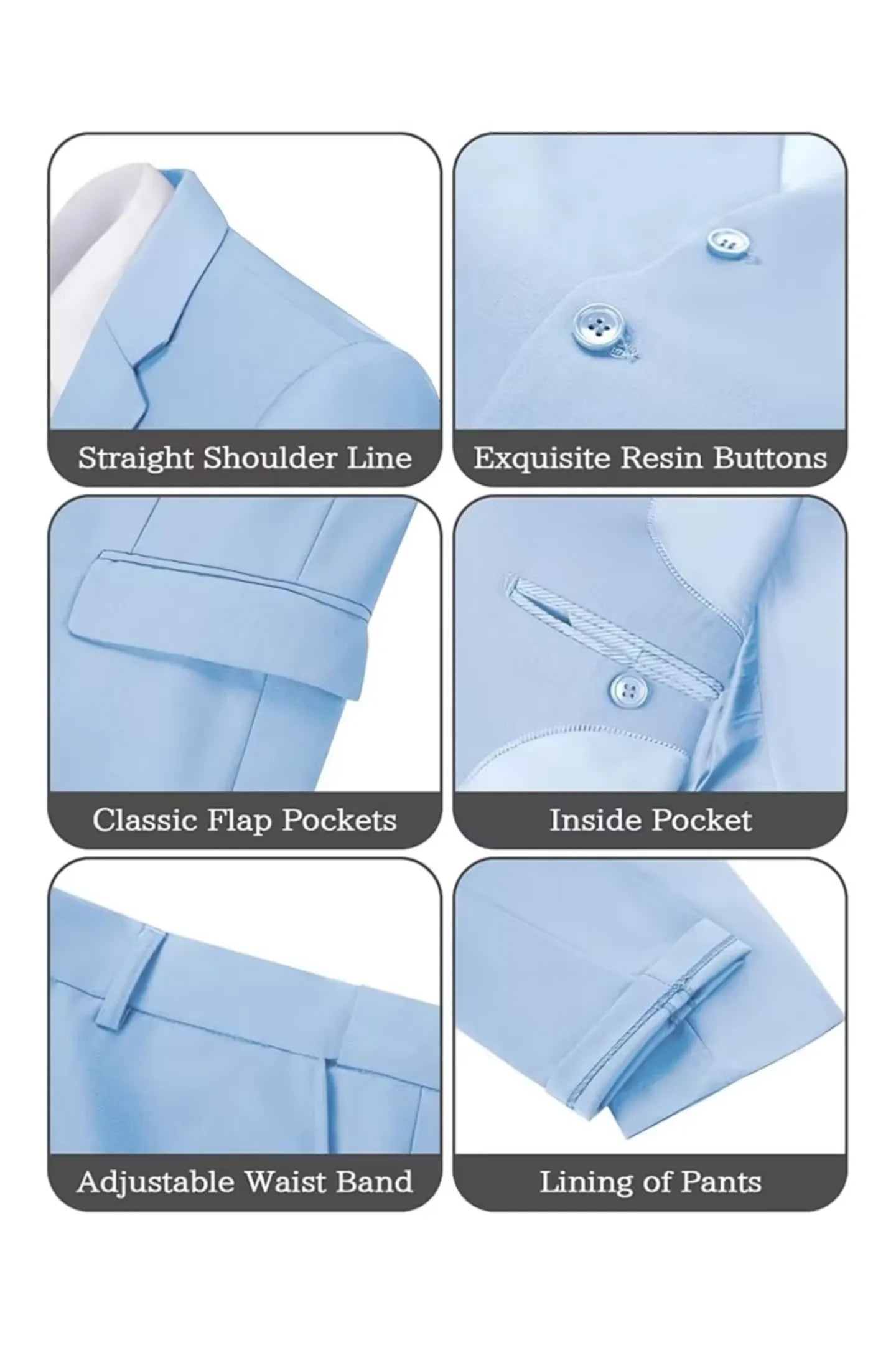 close-up of sky blue men's suit, showcasing shoulder line, resin buttons, and adjustable waistband – refined and stylish formalwear.
