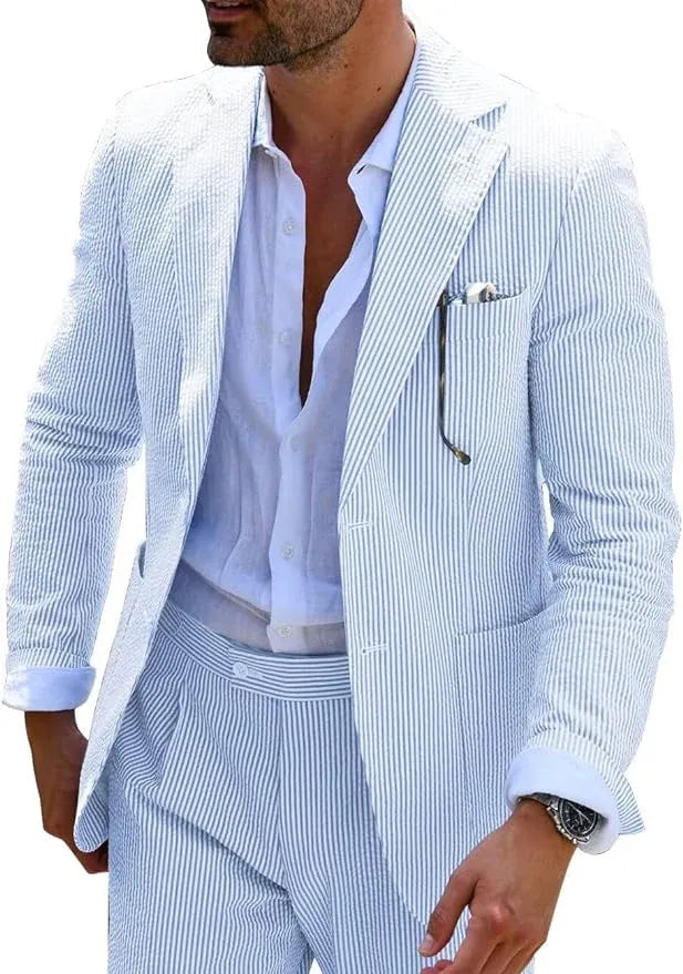 Close-up view of men's sky blue-and-white striped seersucker blazer with sharp lapels and design.