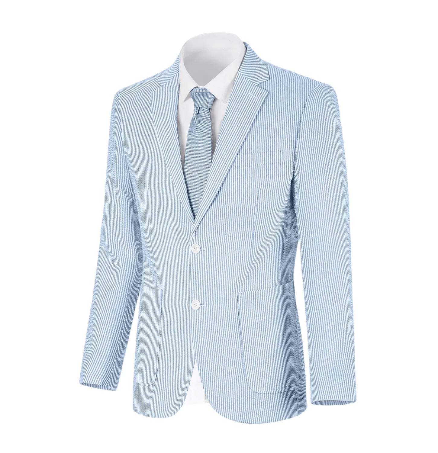 Sky blue-and-white striped seersucker blazer in a classic summer cut, designed for relaxed styling.
