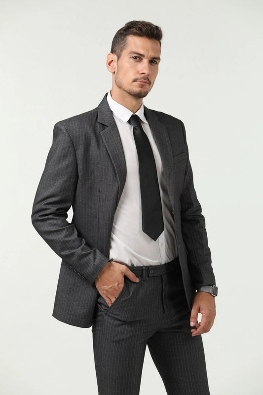 close-up of gray slim fit pinstripe 3 piece men's suit – tailored vest and pants with red tie, professional business attire.