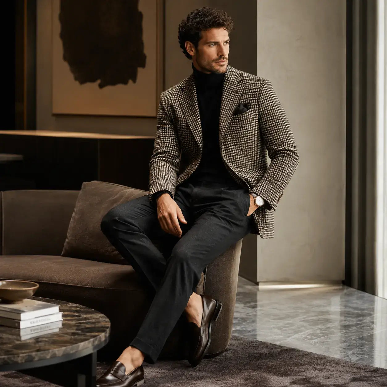Man wearing a houndstooth blazer with a black turtleneck and tailored trousers in a luxury lounge.