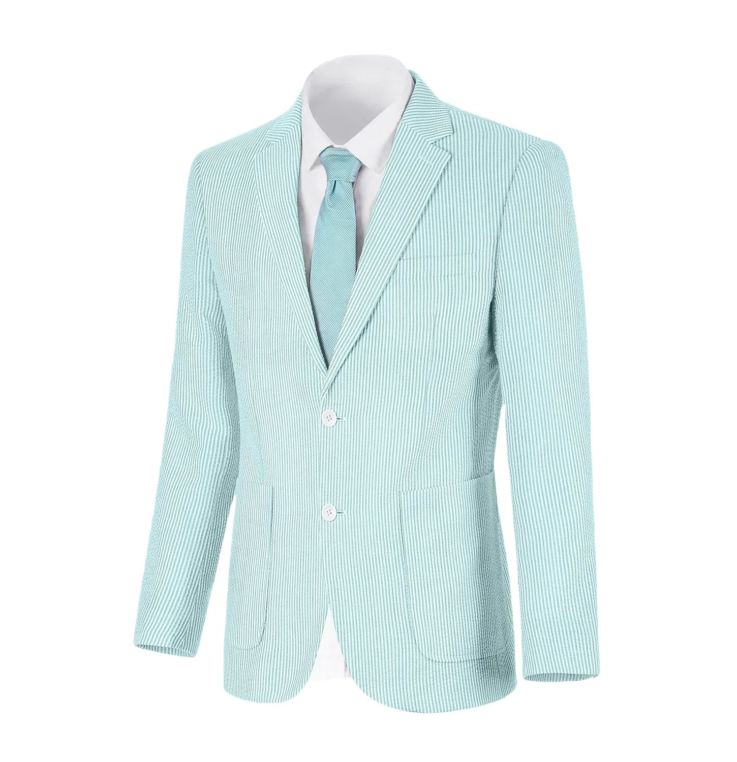 Stylish aqua-and-white seersucker blazer for beach weddings or resort wear, designed for summer elegance.
