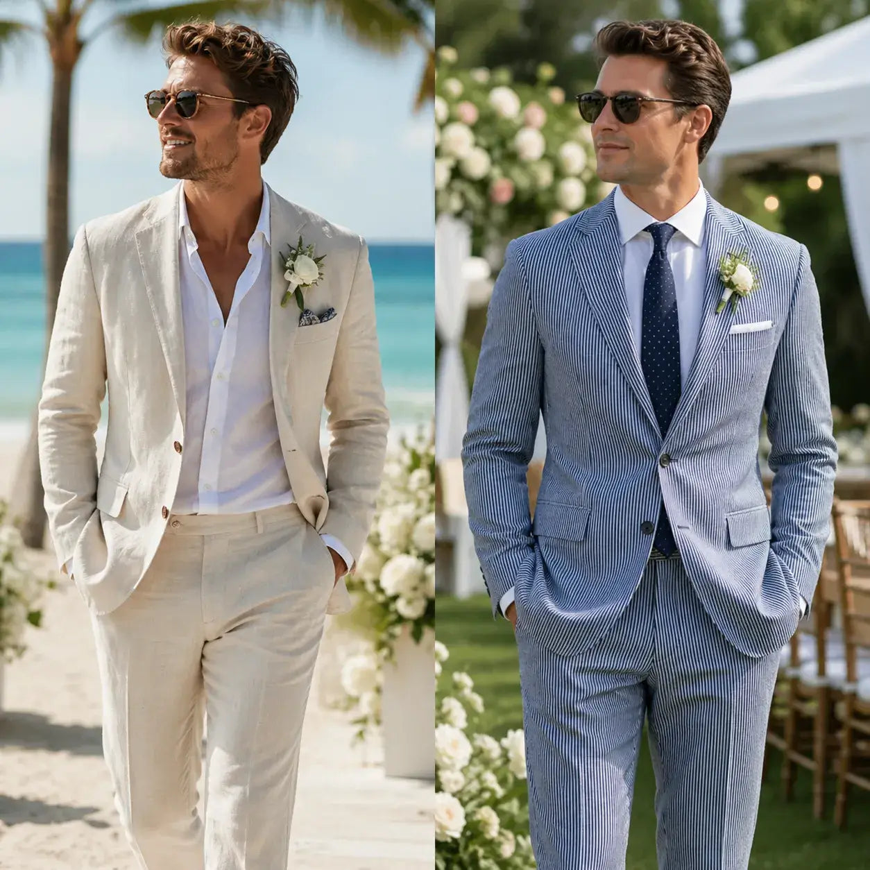 Men's summer wedding suits comparison with a linen suit for beach weddings and a seersucker suit for garden weddings.