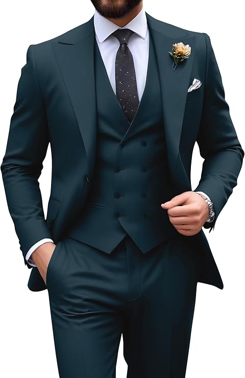 teal slim fit 3 piece groom suit with peak lapel blazer, double breasted vest and pants for modern wedding style