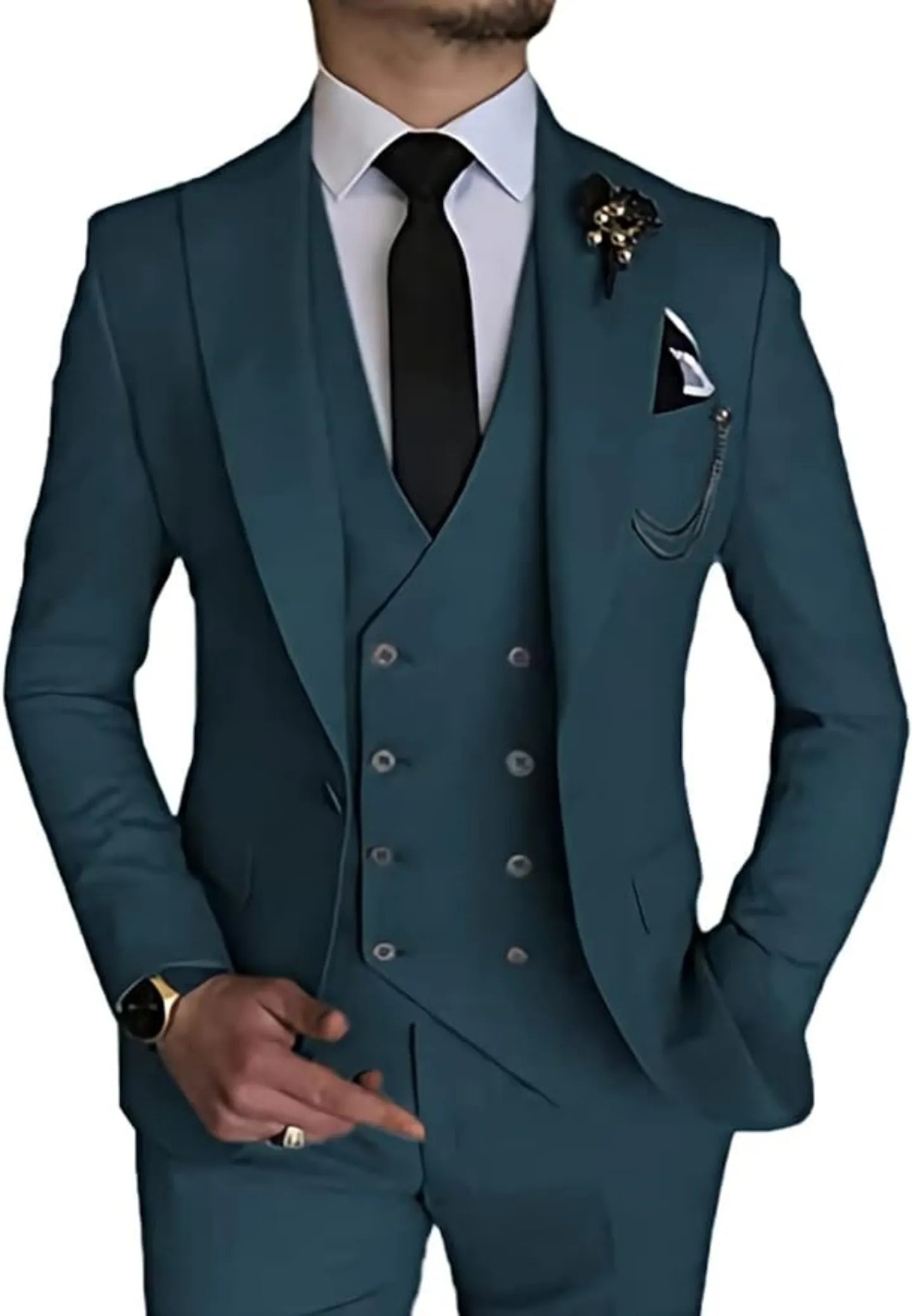teal double-breasted one-button 3 piece men's suit – slim fit blazer, vest, and trousers styled with black tie and pocket square