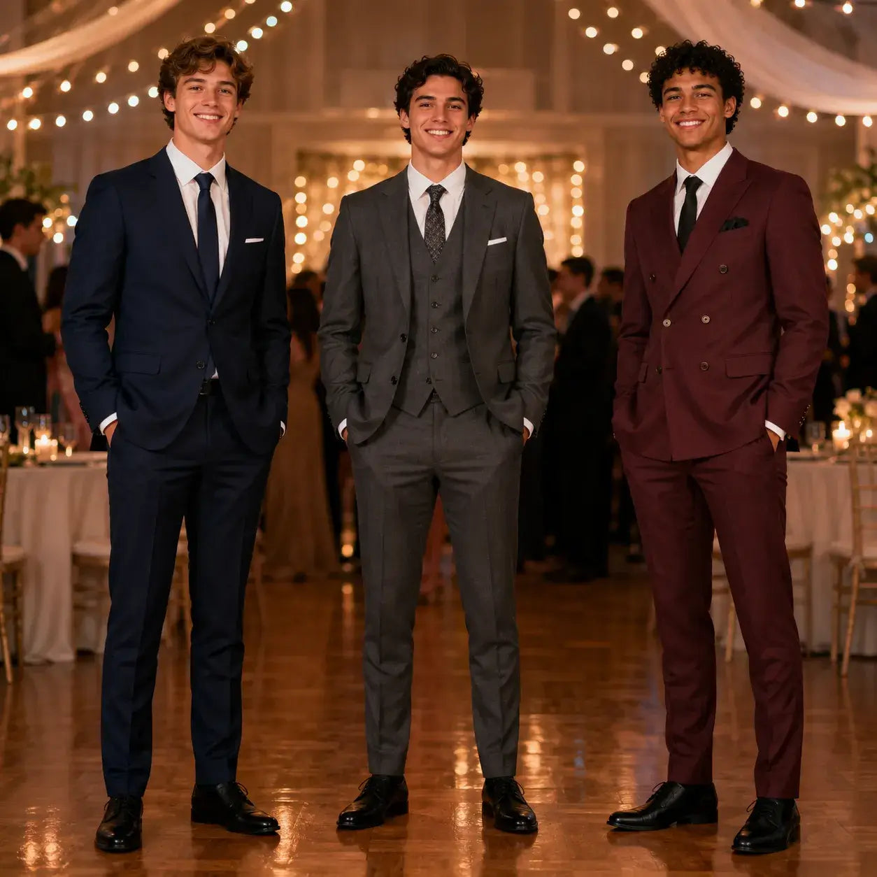 Three guys comparing a navy two-piece suit, grey three-piece suit and burgundy double-breasted suit for Homecoming.