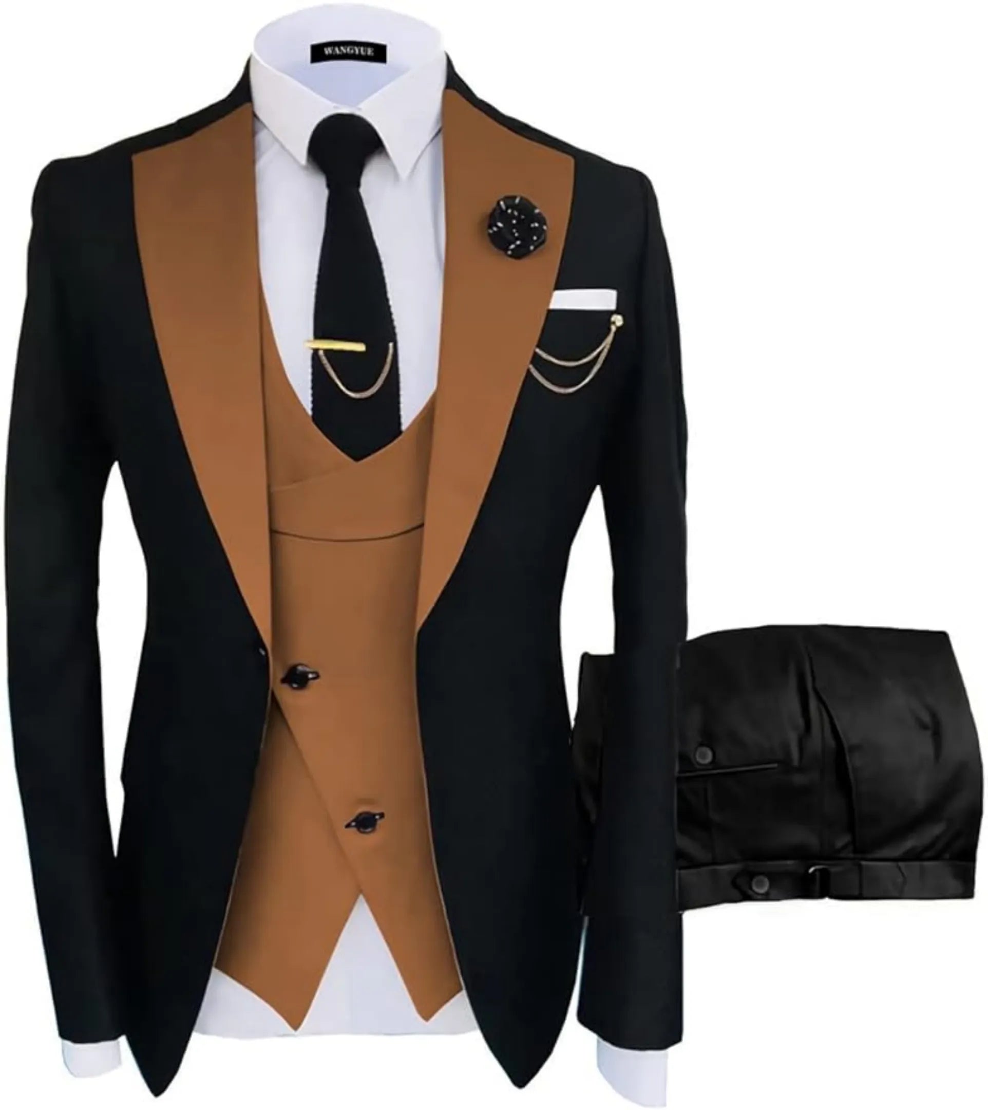 black and brown 3 piece men's suit: black blazer with brown satin lapel, cross brown vest, gold chain, lapel pin and white pocket square