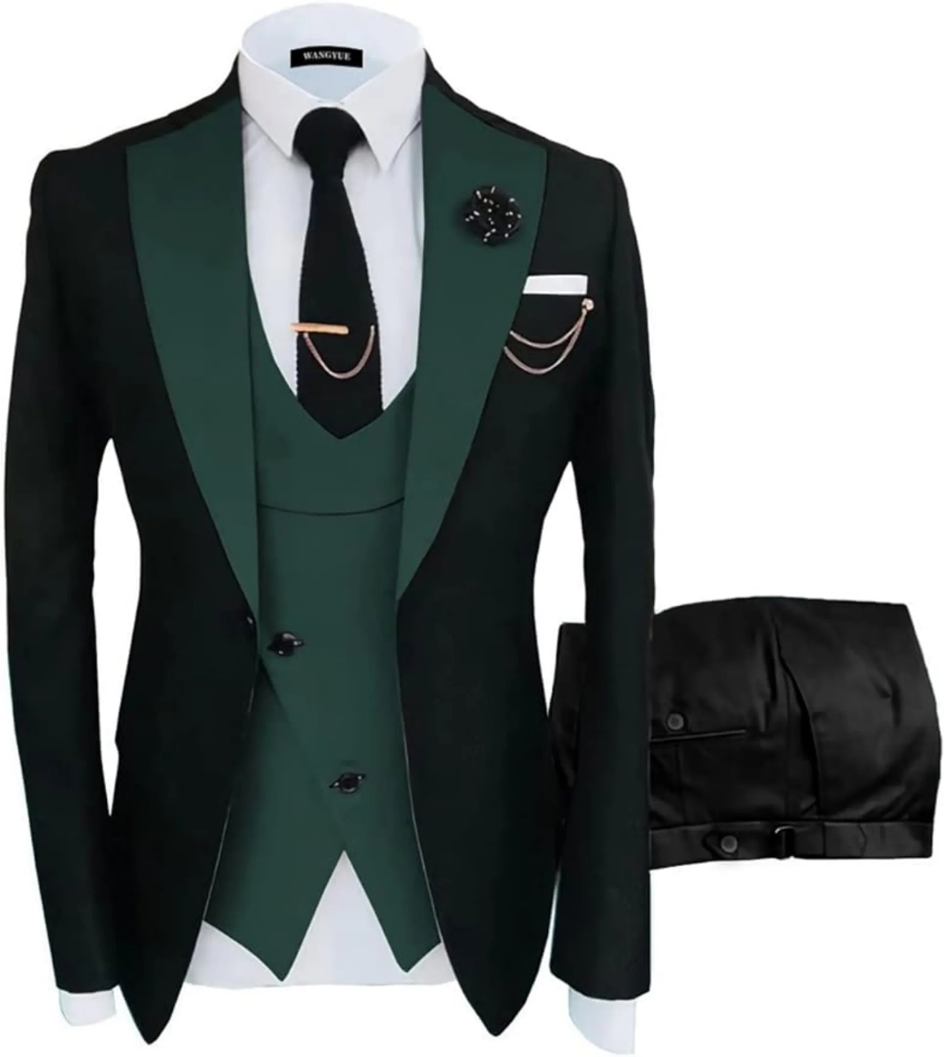 black and dark green 3 piece men's suit: black blazer with dark green satin lapel, cross green vest, gold chain, lapel pin and white pocket square