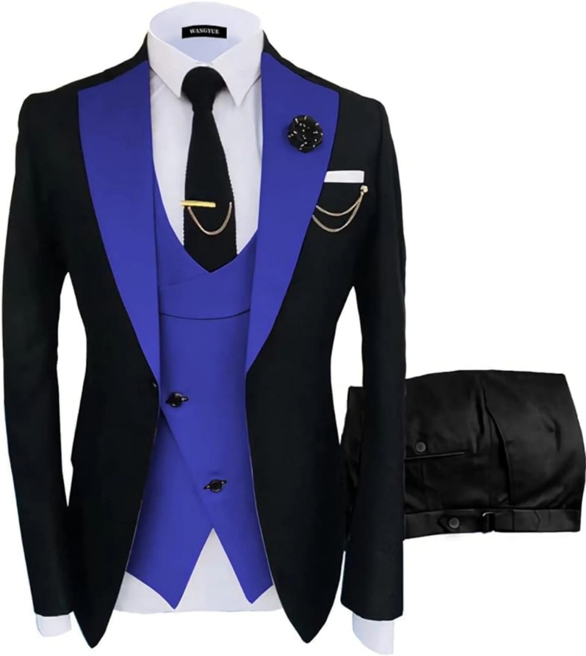 black and royal blue 3 piece men's suit: black blazer with royal blue satin V-lapel, cross blue vest, gold chain, lapel pin and white pocket square