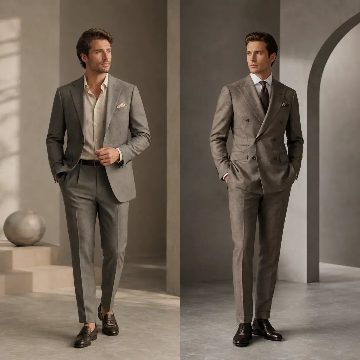 Editorial-style display showing a single-breasted suit on the left and a double-breasted suit on the right, set against a neutral minimalist background emphasizing versatility for multiple occasions.