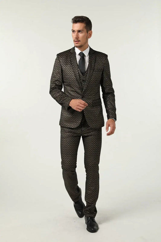 Front walking pose in men's gold and black diamond patterned velvet 3 piece suit – jacket and vest slim fit prom tuxedo