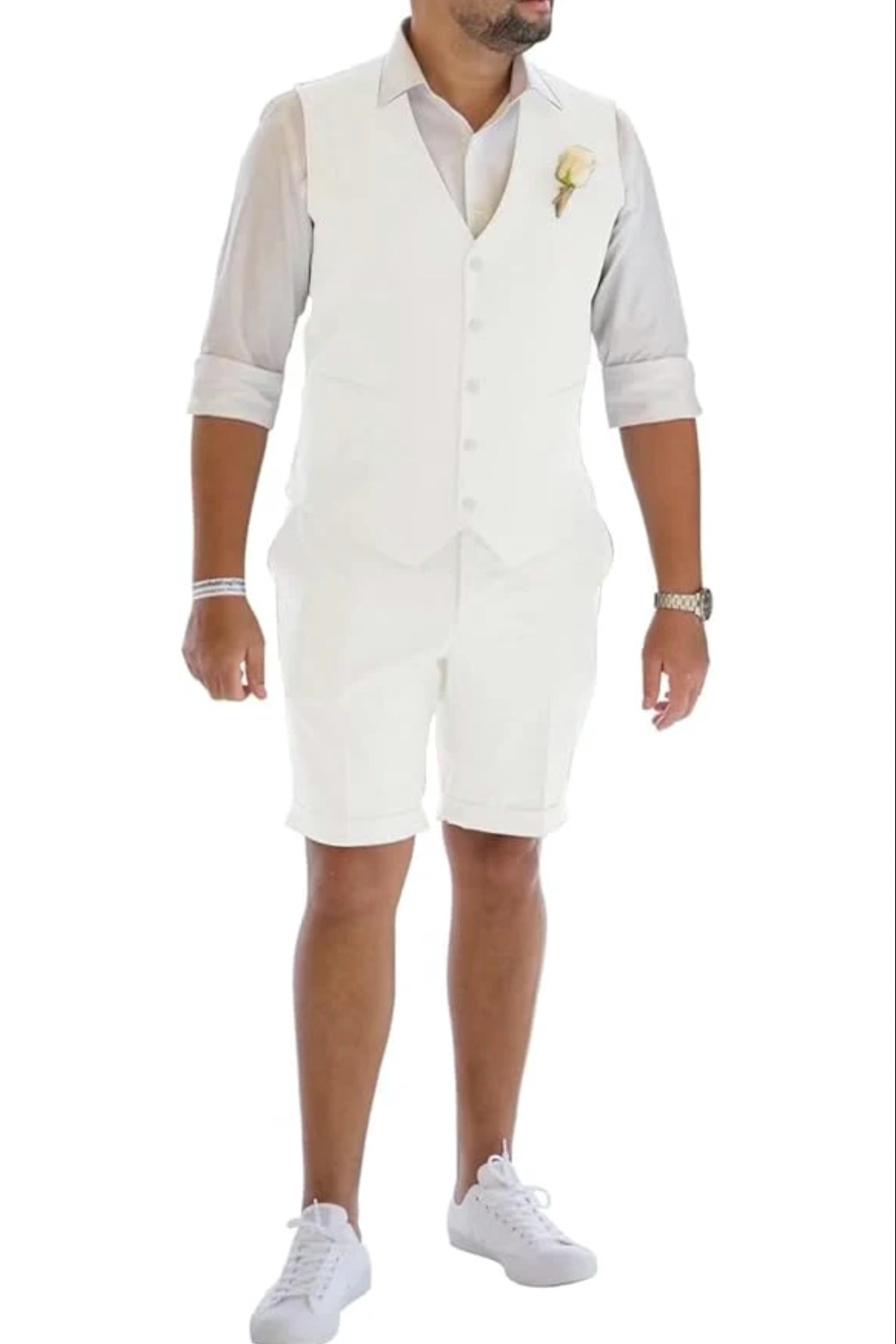 Men's Linen Summer Suits 2 Piece Causal Suits Vest and Shorts Tailored Fit 2024