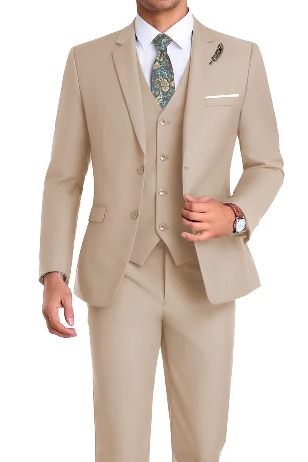 Model in beige 3-piece slim fit suit with tie and white shirt, posing front-facing with confident posture