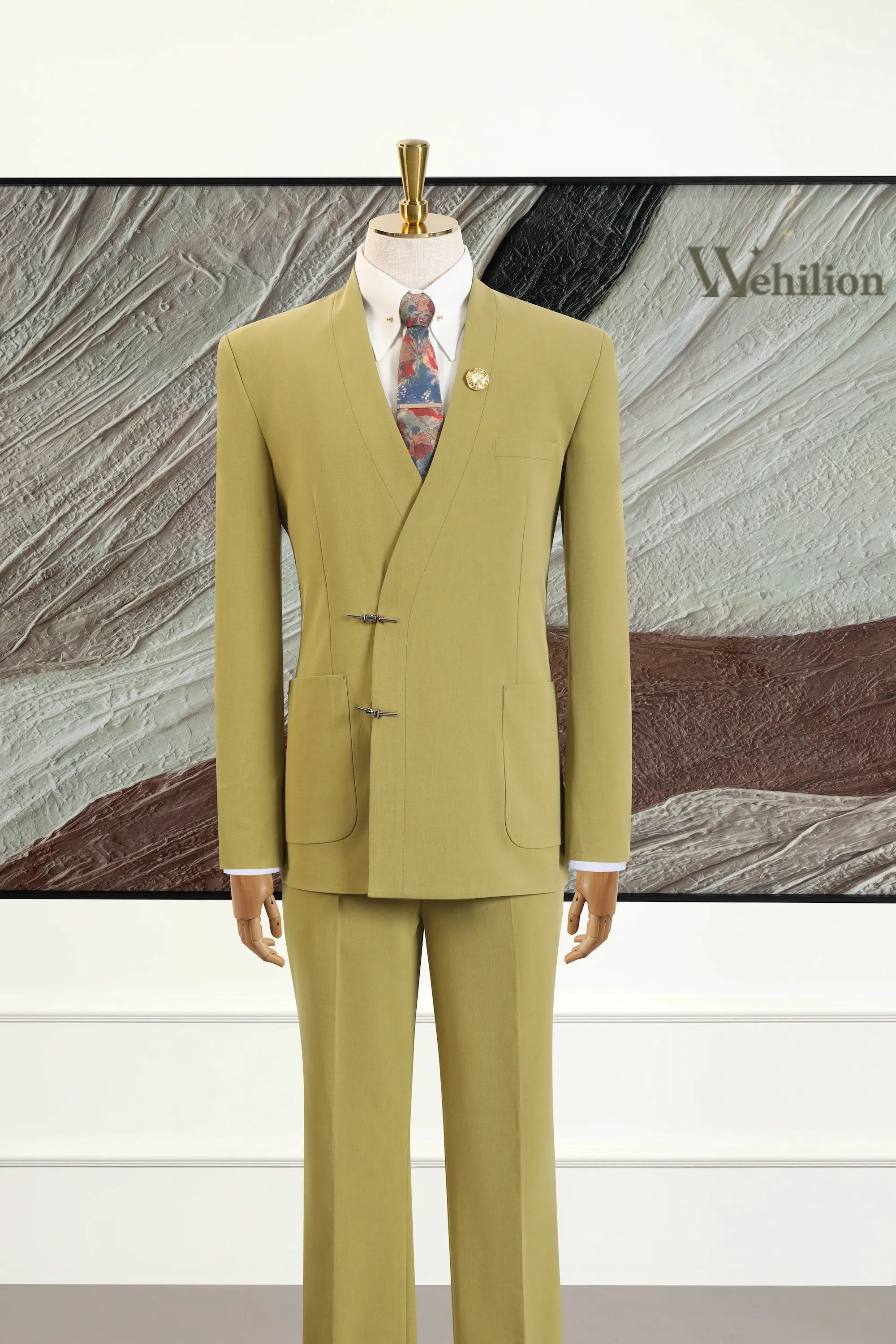 Men's Yellow Collarless 2 Piece Suits