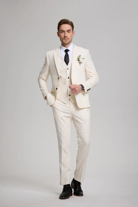 beige linen wedding suit for men with boutonniere – three-piece groom outfit for summer ceremonies