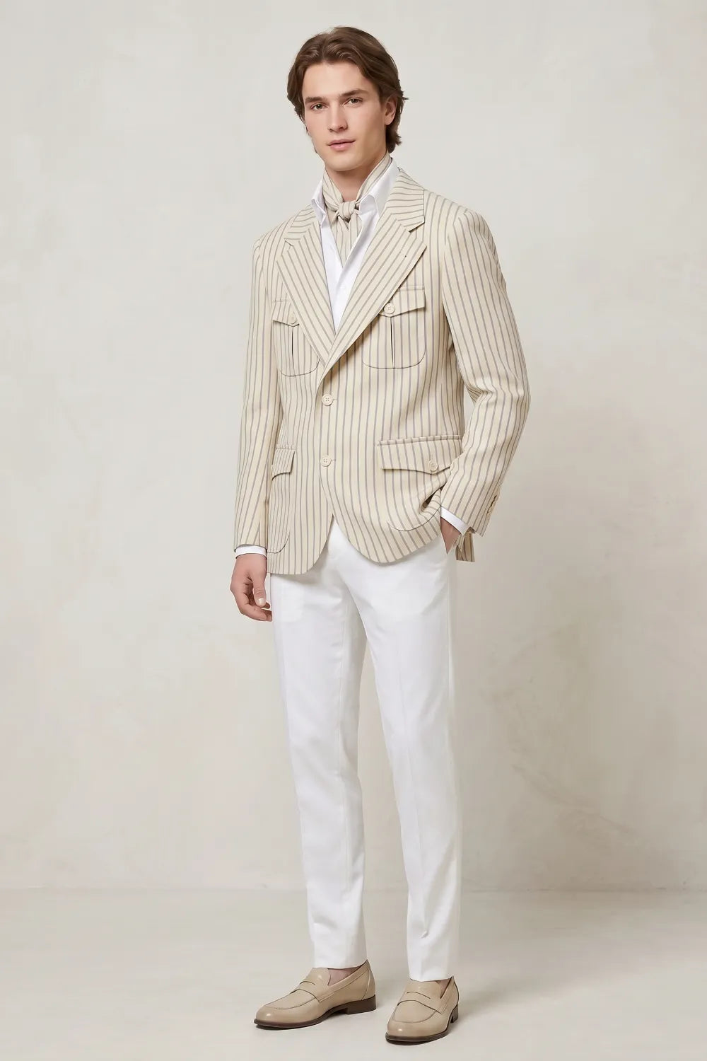 Men's Modern Beige Pinstriped 2 Piece Suit