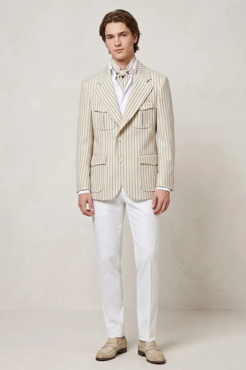 Men's Modern Beige Pinstriped 2 Piece Suit