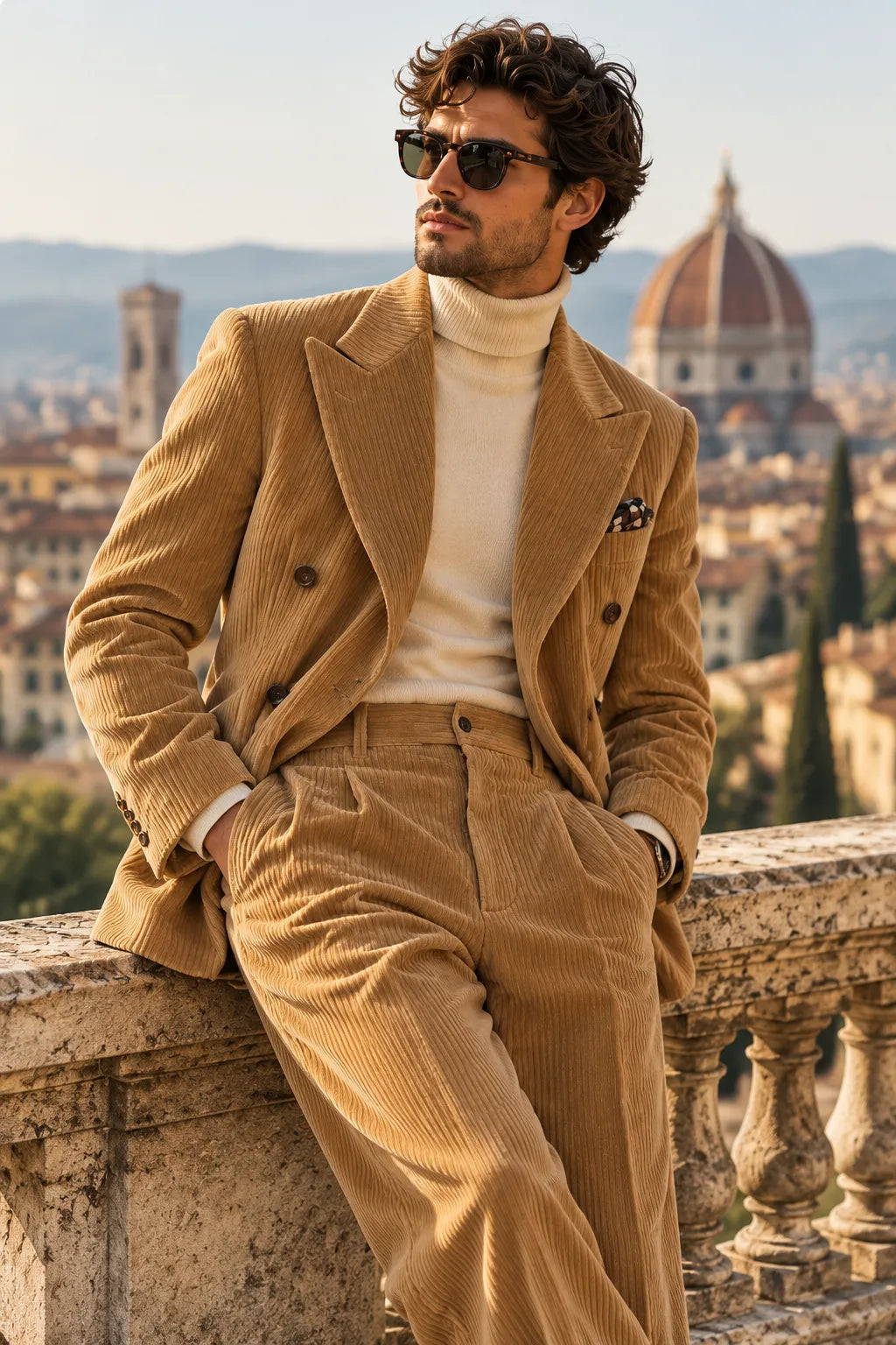 Men's Camel Corduroy Double Breasted 2 Piece Suit