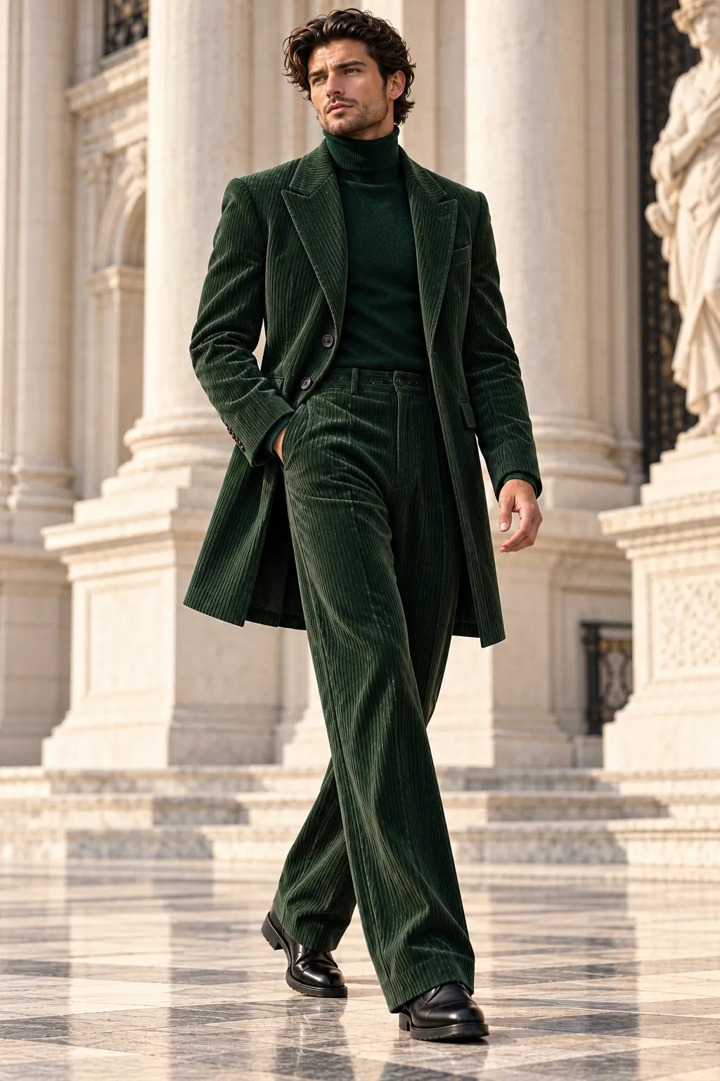 Men's Dark Green Corduroy Longline Wide Leg 2 Piece Suit