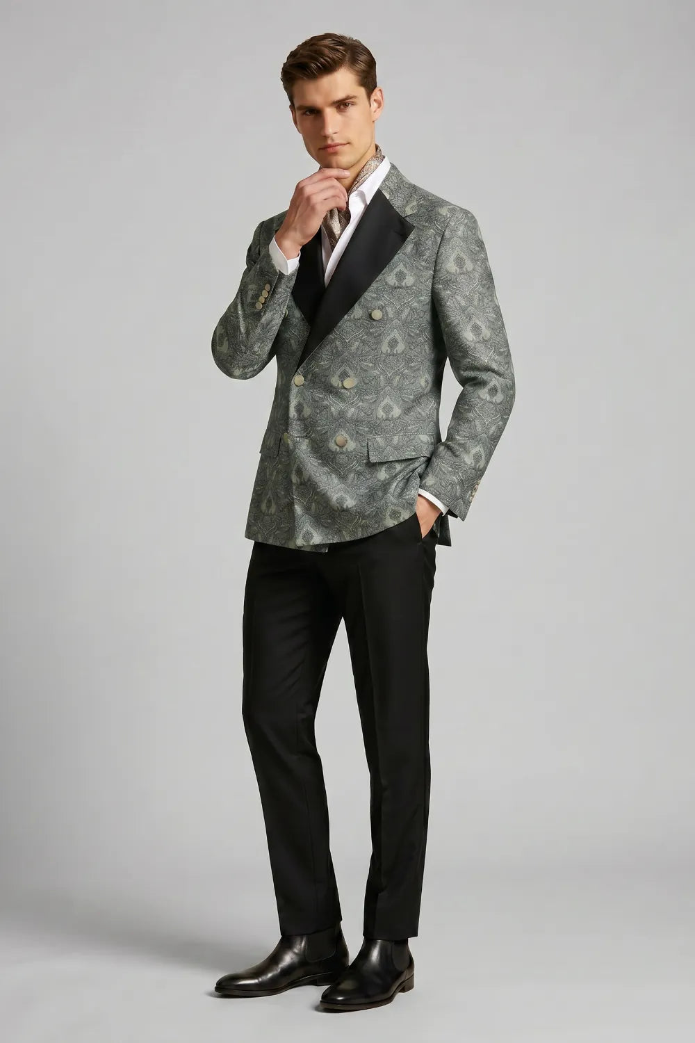 Men's Grey Green Ornate Jacquard Double Breasted 2-Piece Suit
