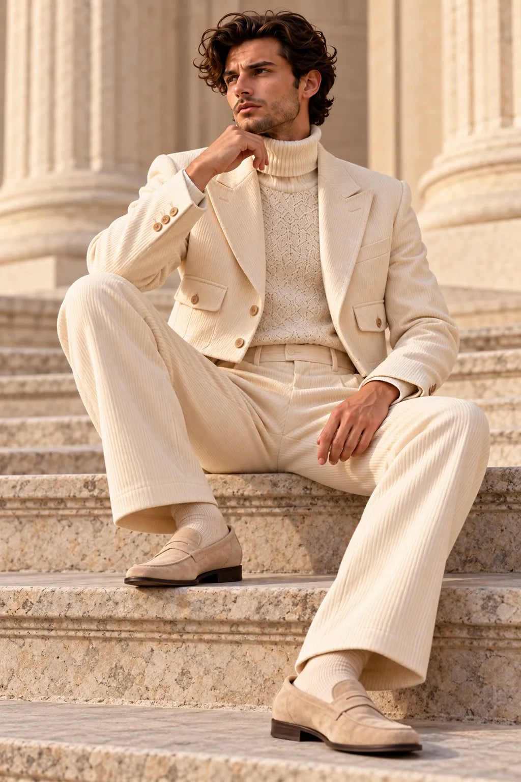 Men's Corduroy Cropped Blazer Wide Leg 2 Piece Suit