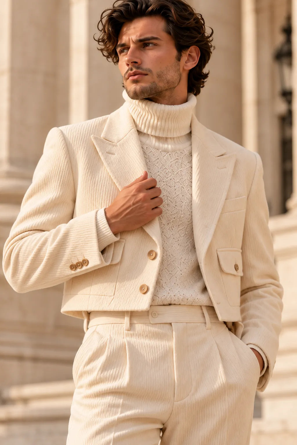 Men's Corduroy Cropped Blazer Wide Leg 2 Piece Suit