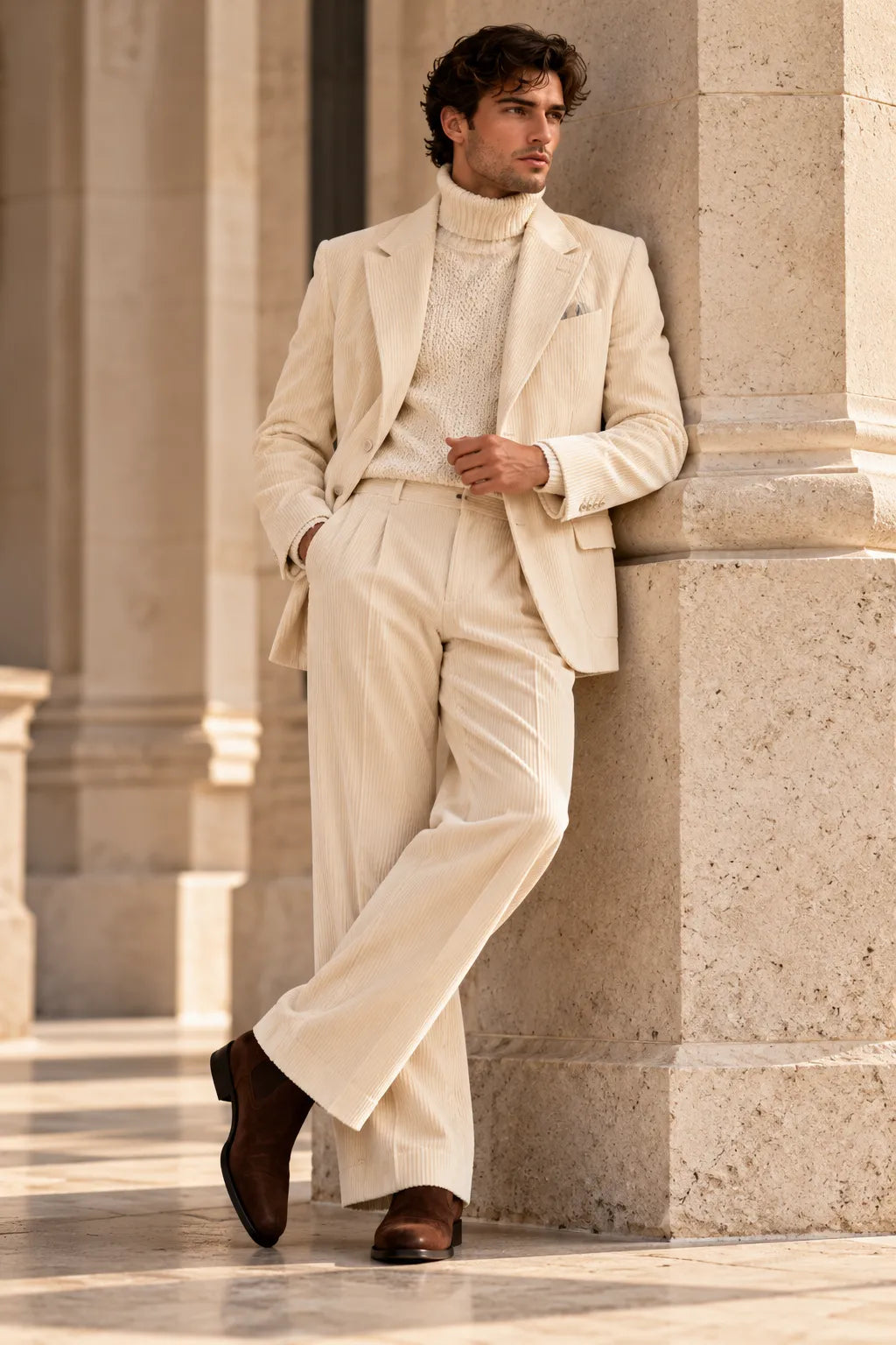 Men's Ivory Corduroy Wide Leg 2 Piece Suit