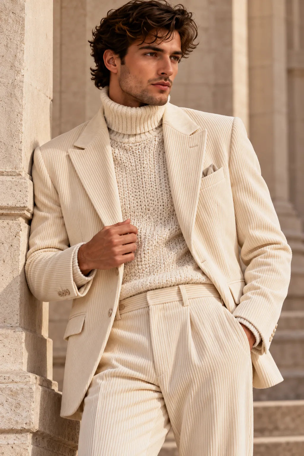 Men's Ivory Corduroy Wide Leg 2 Piece Suit